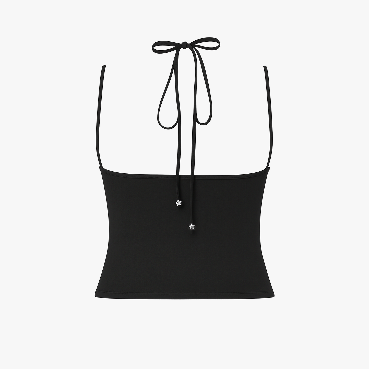 Back of black tank top with tie straps on a white background