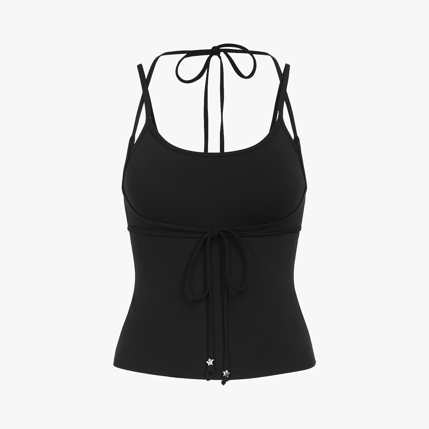 Black tank top with thin straps on a white background