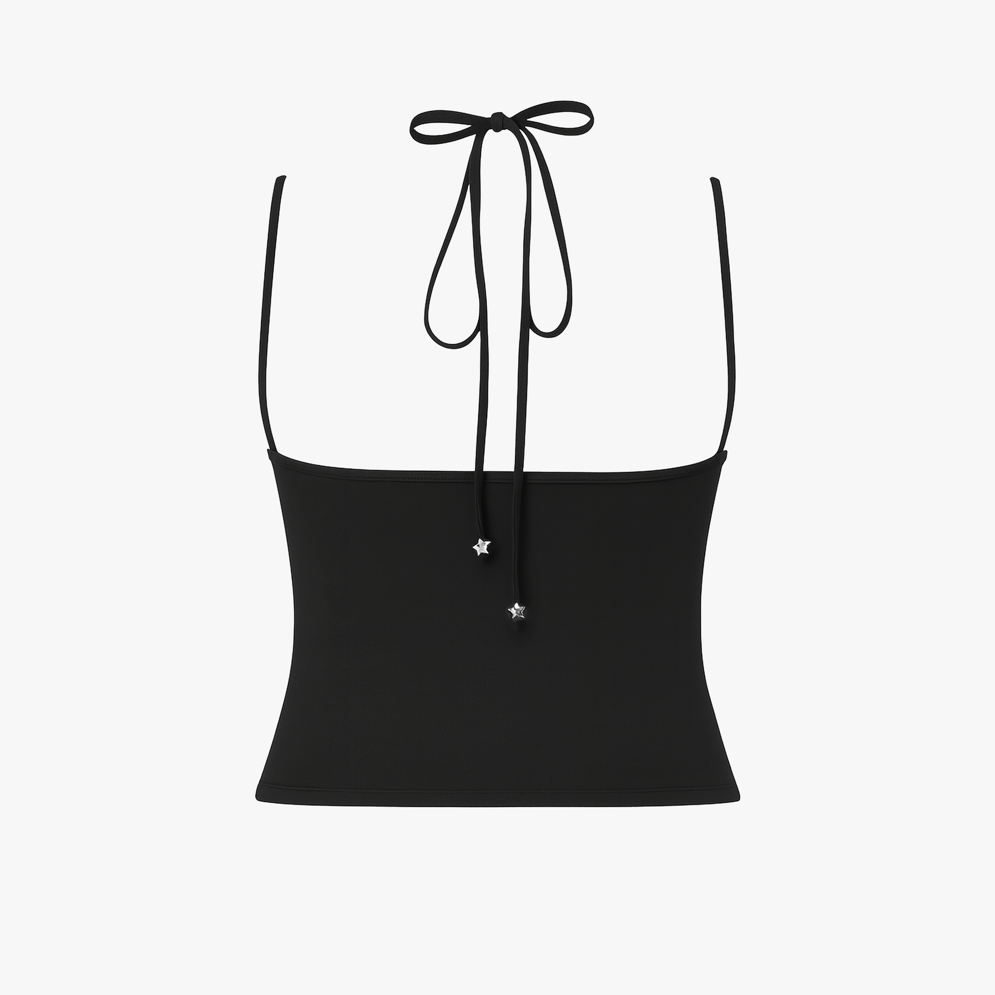 Back of black tank top with tie straps on a white background